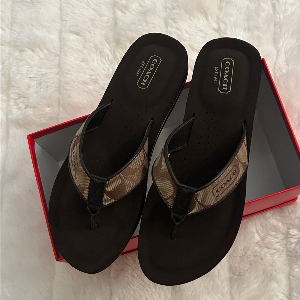 Coach Tan and Brown Flip Flops